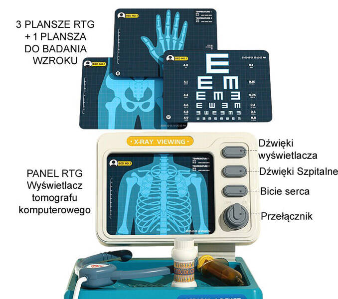 LEKARZ DOKTOR ZESTAW LEKARSKI NA WÓZKU EKG RTG ZABAWKA DLA DZIECI STETOSKOP