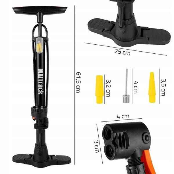 POMPKA ROWEROWA PODŁOGOWA Z MANOMETREM DO ROWERU PIŁKI MATERACA 3 KOŃCÓWKI