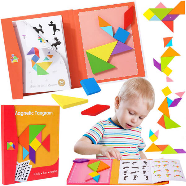 TANGRAM DREWNIANE PUZZLE GEOMETRYCZNE FIGURY KARTY GRA LOGICZNA MONTESSORI