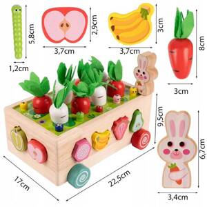 UKŁADANKA MONTESSORI DREWNIANY SORTER KLOCKÓW ZŁAP ROBACZKA MARCHEWKI WÓZEK